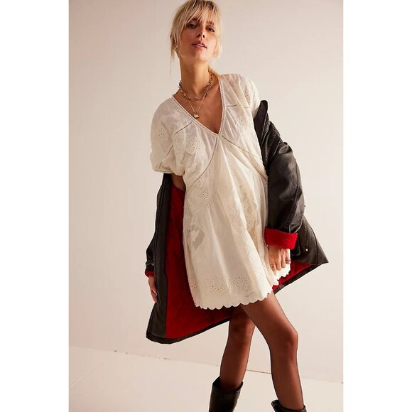 Free People Daylight Crochet Embroidered Mini Babydoll Dress Ivory Coquette M - Picture 2 of 13